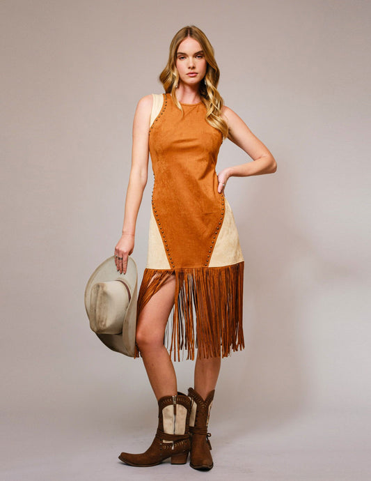 Two Tone Suede Studded Fringe Midi Dress