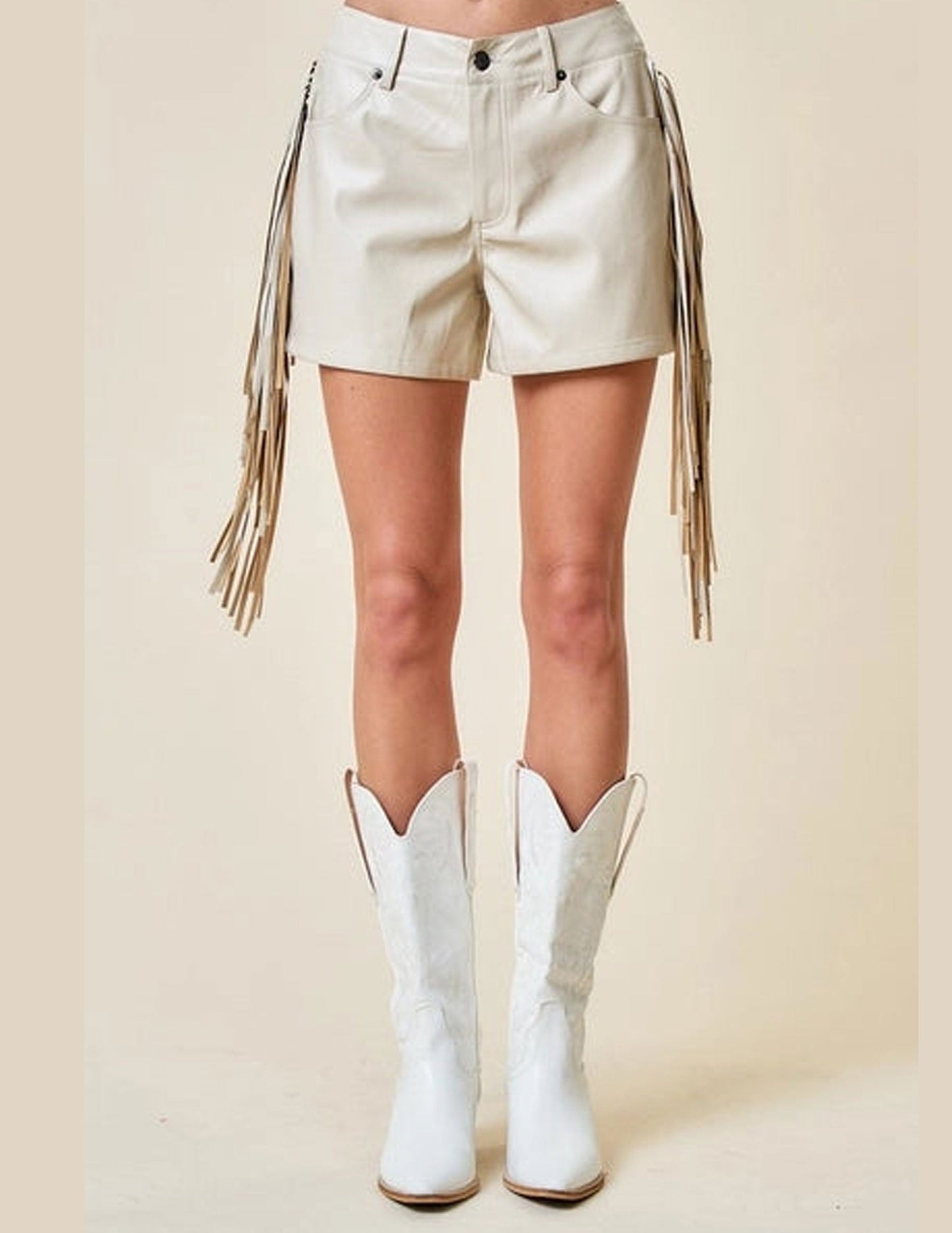 Western Side Fringe Beige Shorts