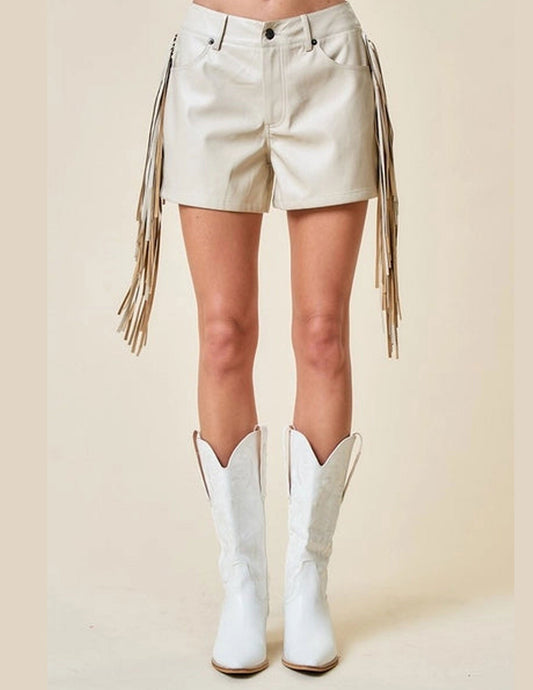 Western Side Fringe Beige Shorts