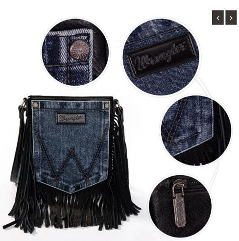 Wrangler Leather Fringe Jean Denim Pocket Crossbody